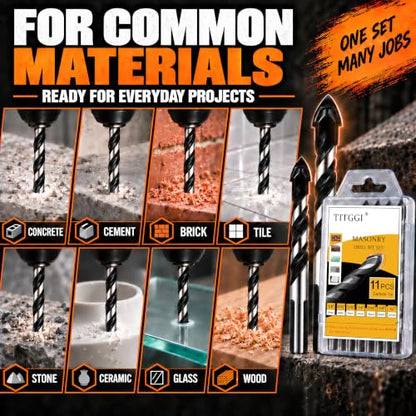11-Piece Masonry Drill Bit Set & Concrete Drill Bit Set, 7 Sizes, 1/8"-1/2" - size: 11 pcs 1/8"-1/2" Masonry Drill Bit Set