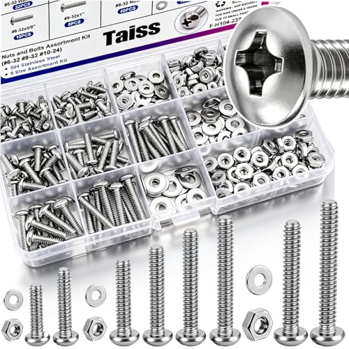Taiss Machine Screws Nuts and Bolts Assortment Kit,304 Stainless Steel Bolts and Nuts Kit,#6-32#8-32#10-24 8 Sizes Phillips Pan Head Bolt and Nut & Washers,237PCS Machine Screw Assortment - color: SS 237PCS SAE Kit