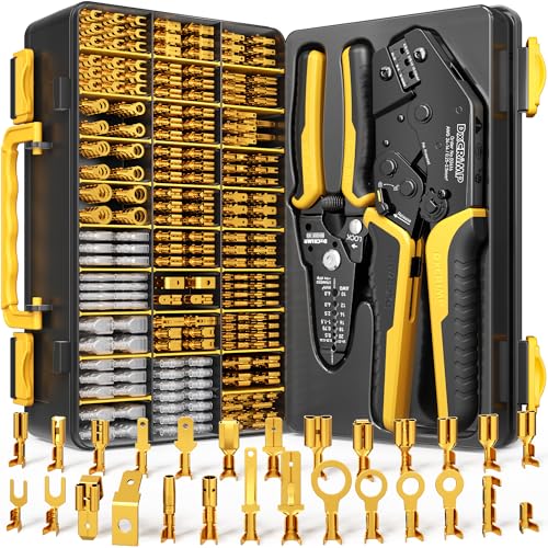 Crimping Tool Kit, 21-Type Open Spade & Quick-Disconnect Connector Set (2.8/3.9/4.8/6.3 mm) Non-Insulated Terminals with Wire Stripper, 24–14 AWG Ratcheting Crimper, for Auto, Appliance, DIY - size: 21-Type Crimping Kit (Gold)