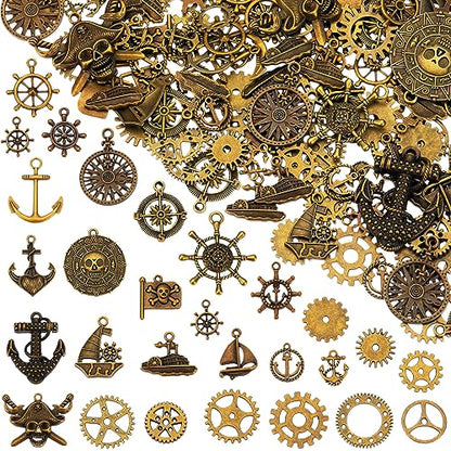 Hicarer 300 Gram Gears Charms, Nautical Anchor Rudder Helm Compass Charms Pendant, Bulk Mixed Antique Bronze Gears Steampunk, Clock Watch Cog Wheel for DIY Necklace Bracelet Jewelry Making Accessories - style: Anchor Style