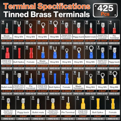 Preciva Crimping Tool for Insulated Terminals Wire Connectors, AWG20-10 Ratchet Crimper with 425 Pcs Insulated Terminals Connectors