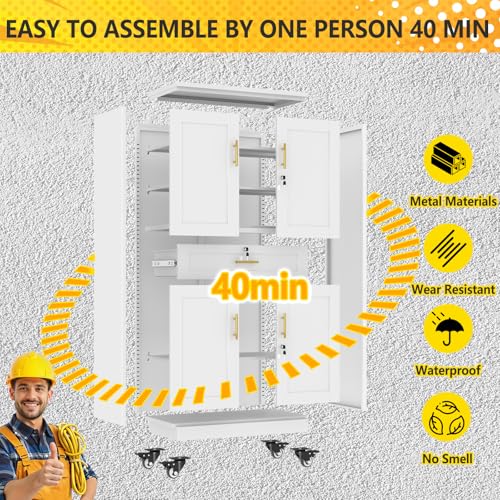 pozdeg 74" White Lockable Rolling Metal Garage Storage Cabinet - color: White, size: 15.74"D x 35.43"W x 74"H