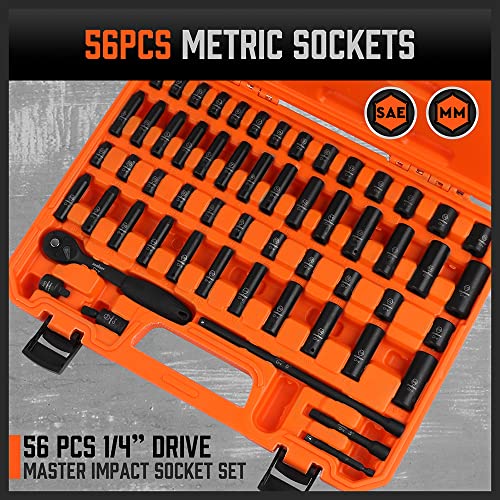 HORUSDY 56-Piece 1/4" Drive Impact Socket Set, Standard SAE (5/32 to 9/16 inch) and Metric (4-15mm) Size, 6 Point, Cr-V, 1/4-Inch Drive Ratchet Wrench, Drive Extension Bar, Impact Universal Joint - color: 56 Pcs 1/4" Orange