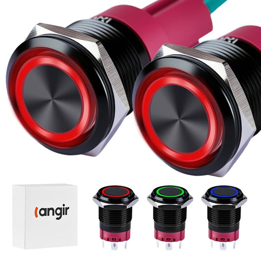 15Amp Latching Push Botton Switch 2PCS,16mm(0.63”) 12V-24V Black Shell AC/DC IP67 Waterproof with Red LED Angel Eye Light On and Off with Wire Socket. - color: Red, size: 16mm