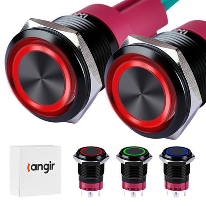 15Amp Latching Push Botton Switch 2PCS,22mm(0.866”) 12V-24V Black Shell AC/DC IP67 Waterproof with Red LED Angel Eye Light On and Off with Wire Socket. - color: Red, size: 22mm