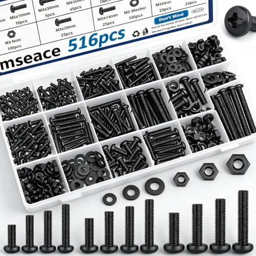 smseace 516Pcs Black Nuts and Bolts Assortment Kit 21-Sizes M3/M4/M5/M6 Nut Bolt Washer Assortment Kit for Machinery, Furniture, Automotive, Motorcycle Repairs - color: Black, size: 516Pcs M3-M6