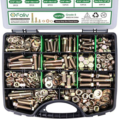 FOLIV 523PCS Grade 8 Bolts and Nuts Assortment Kit, Heavy Duty Nut and Bolt Assortment, 1/4-20 5/16-18 3/8-16 SAE Hex Bolts, Length from 1/2" to 1-1/2" - size: 523PCS 1/4-20 5/16-18 3/8-16
