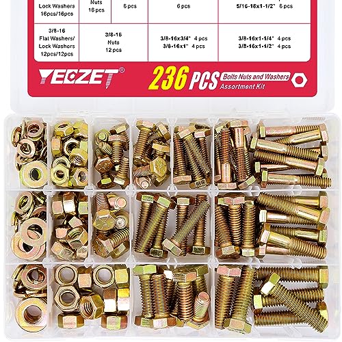 236PCS Grade 8 Heavy Duty Bolts and Nuts Washers Kit, 1/4-20 5/16-18 3/8-16 Hex Bolts Nuts Assortment Kit, Includes 13 Most Common Sizes - color: 1/4-20 5/16-18 3/8-16--Bolts and Nuts Kit (236PCS)