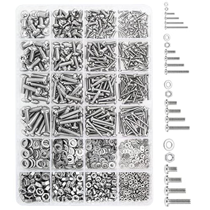 HELIFOUNER 1280 Pieces M2 M3 M4 M5 Phillips Pan Head Machine Screws, Flat Washers and Nuts Assortment Kit, 304 Stainless Steel - size: M2 M3 M4 M5
