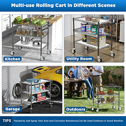 Leteuke 3 Tier Rolling Carts with Wheels, Heavy Duty Rolling Utility Cart - color: Matte Black