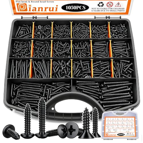 Dianrui 1050PCS Black Wood Screws Assortment Kit, Assorted 304 Stainless Steel Screws M3/M4/M5/M6, ‌Phillips Drive Sheet Metal Self Tapping Screw Set Marine Grade (Pan & Flat Screw) Length 1/4" to 2" - color: Black, size: 1050PCS M3-M6