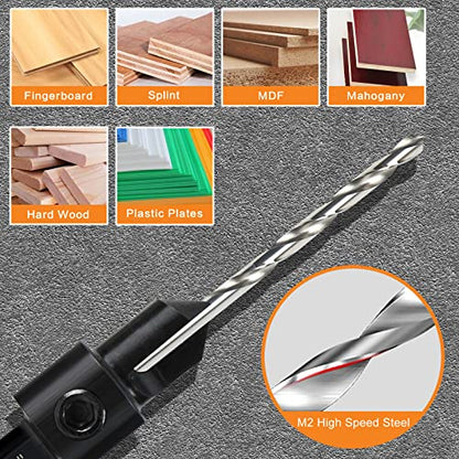 5-pc Woodworking Countersink Counterbore Drill Bit Set 3in1 for #6 8 10 12 16 Screws, M2 Pilot Drill Bits Adjustable Depth, 82-Degree Chamfer with Stop, 1/4” Hex Shank, Includes 2 Allen Wrenches - size: 5Pack Countersink Drill Bits