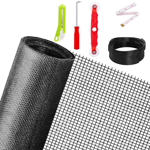 Ouskr Replacement Window Screens Kit, 48X118 Inch Durable Window Screen Mesh for Patio Porch Door Windows, DIY Adjustable Fiberglass Screen Repair Kit with Rolling Tool Hook Ruler Cutter Spline - size: 48"x118"Black+Tool