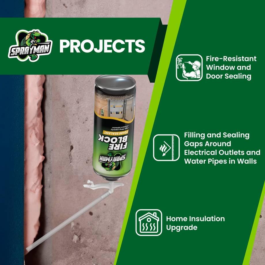 SPRAYMAN Fire Block Spray Foam - (12x12oz) Orange Fire Block Spray, Fire Rated Polyurethane Foam for Gap Filling, Sealing on Windows & Doors, Walls, Joints & Pipes, Straw Use - 12 Pack - size: 12 Pack