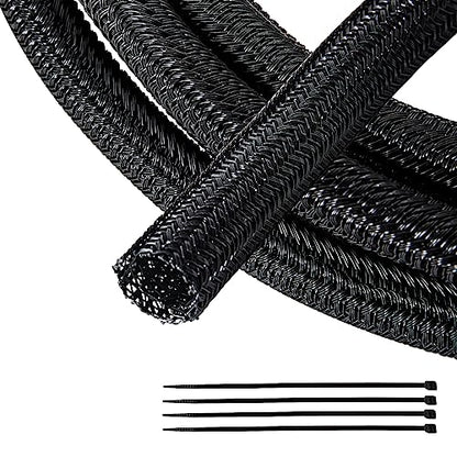 RED WOLF 1/4” x 10FT Cable Sleeves Cord Management Braided Wire Loom Sleeving Protector Wiring Cable Cover Flexible Self-Wrap for Automotive Home Office Anti-Scratch High-Temperature Black - size: 1/4" X 10FT