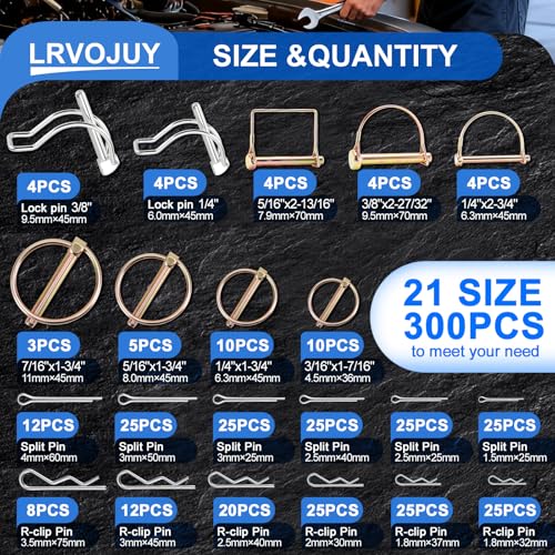 300PCS Heavy Duty Pin Assortment Kit, Tractor Linch Pins Hitch Pins PTO Pins R Clips Cotter Pins Hair Pins Square Pins for Trailers, Trucks, Lawn Mowers, Farm & Garden Equipment - size: 300Pcs - 21 Sizes