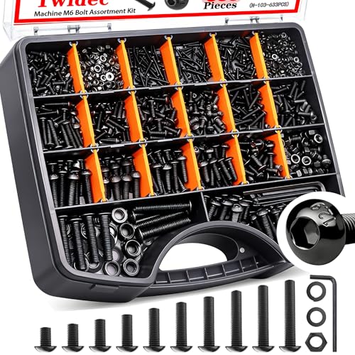Twidec/633PCS M6 Bolt Assortment Kit 12.9 Grade M6x10/12/14/16/20/25/30/35/40/45mm Button Head Hex Socket Cap Screws Metric Bolts Nuts Washer Assortment Kit Black Alloy Steel N-103-633PCS - color: Black 633PCS M6
