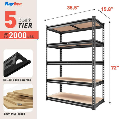 Raybee 72" H Garage Shelves, Classic 5-Tier Metal Storage Shelving Unit, Adjustable Versatile Utility Rack, Industrial Shelf for Garage Craft Warehouse Pantry Kitchen Organization, 2000lbs, Black