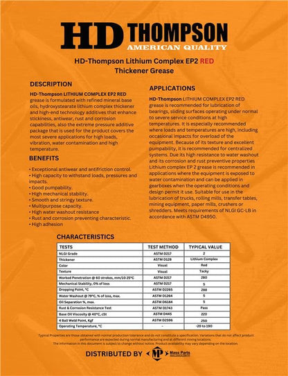 HD Thompson Red N Tacky Grease 4.4 lb Tub — NLGI 2 Lithium Complex EP2 High Temperature Red Grease, Bulk Container for Wheel Bearing, Chassis, Trailer Axle & Heavy Equipment