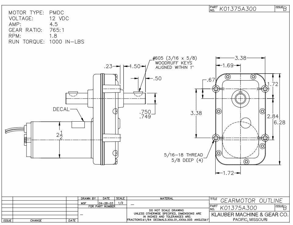 Klauber RV Slide Out Motor # K01375A300