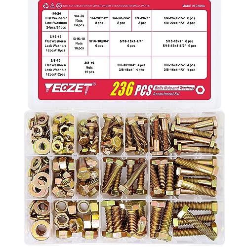 236PCS Grade 8 Heavy Duty Bolts and Nuts Washers Kit, 1/4-20 5/16-18 3/8-16 Hex Bolts Nuts Assortment Kit, Includes 13 Most Common Sizes - color: 1/4-20 5/16-18 3/8-16--Bolts and Nuts Kit (236PCS)