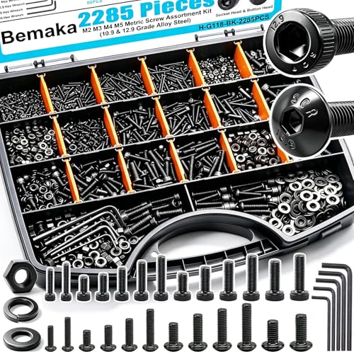 2285PCS M2 M3 M4 M5 Metric Screw Assortment Kit, Socket Head & Button Head Metric Screws and Nuts Set, 10.9 & 12.9 Grade Alloy Steel Machine Screws for 3D Printing - color: BK-M2 M3 M4 M5-2285PCS