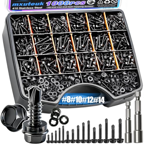 mxuteuk 1000PCS #14#12#10#8 Black Self Tapping Screws,410 Stainless Steel - size: BK 1000PCS #8 #10#12#14 Kit