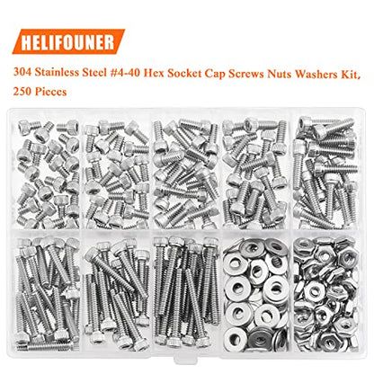HELIFOUNER 250 Pieces #4-40 x 3/16" 1/4" 5/16" 3/8" 1/2" 5/8" 3/4" 1", Hex Socket Head Cap Screws Bolts Washers Nuts Kit, Coarse Thread, Fully Machine Threaded, 304 Stainless Steel - size: #4-40, style: Socket Head