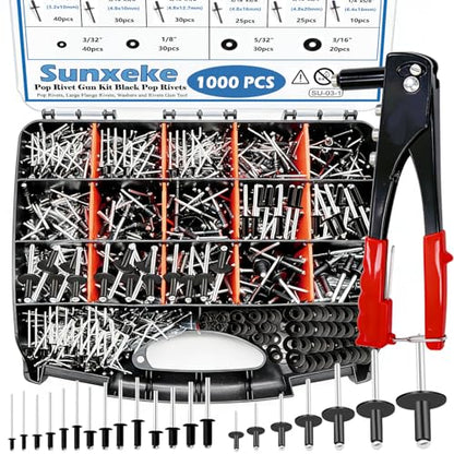 Pop Rivet Gun with Pop Rivets Assortment Kit,1000PCS 21 Sizes Black Pop Rivets, Large Flange Rivets, Washers for DIY/Automotive Repairs/Furniture,Packed in Portable Toolbox - size: 1001PCS