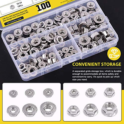 100pcs 6 Sizes SAE 304 Stainless Steel Serrated Hex Flange Nuts Assortment Kit 1/4-20 5/16-18 3/8-16 10-24 8-32 6-32