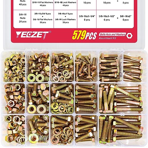 579PCS Grade 8 Heavy Duty Bolts and Nuts Washers Kit, 1/4-20 5/16-18 3/8-16 Hex Bolts Nuts Assortment Kit, Includes 15 Most Common Sizes - color: 1/4-20 5/16-18 3/8-16--Bolts and Nuts Kit (579PCS)