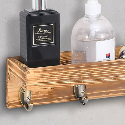 UPTRUST Wall Mount Hair Tool Organizer, Set of 2 Layer Rustic Wooden Dryer Holder Rack, Product Organizer Tray for Dryer with 4 Hooks