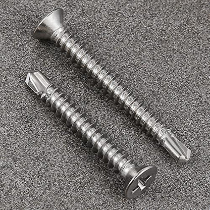 Wensilon（400pcs）#8×3/4”for Sheet Metal Self-Tapping Screws 410 Stainless Steel Flat Head High-Strength Quick self-Drilling Screws - color: Silver, size: #8X3/4"