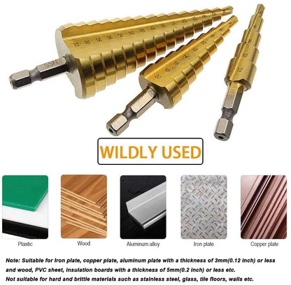 3 Pcs Straight Grooved Step Drill Bit Set,Step Drill Bits Set