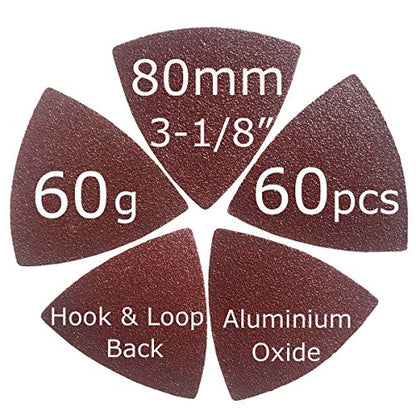 XXGO 60 Pcs 60 Grits 3-1/8 Inch 80mm Triangle Multitool Sanding Pads XG802060 - size: 3-1/8 Inch Triangle - 60 Grit - 60 Pcs