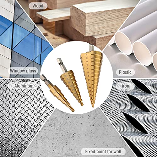 WORKPRO 3-Piece Step Drill Bit Set, 1/4" Hex Shank Quick Change High Speed Steel Titanium Coated Drill Bits for Plastic, Sheet Metal, Aluminum Hole Drilling, Well-Organized Bag Included,Metric