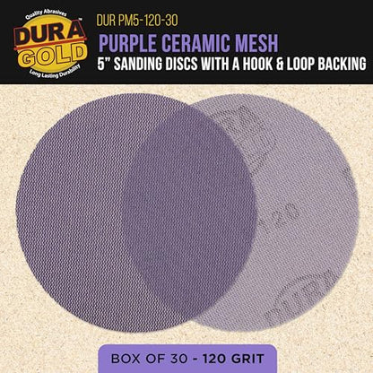 Dura-Gold Premium 120 Grit 5" Purple Ceramic Mesh Sanding Discs, Box of 30 - style: 120 Grit