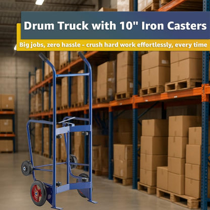 Heavy-Duty Commercial 900 lb Drum Hand Truck Dolly - Steel Cart with 10" Iron & 6" Rubber Wheels, Dual Handles, Kickstand Design for 30-85 Gallon Drums, Warehouse, Industrial Use - style: Support Bracket