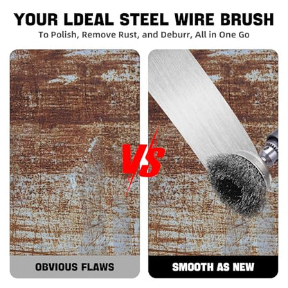 Wire Brush Set 7 Pcs - Abrasive Wheel, Cup Brush, Coarse Crimped Carbon Steel Attachments for Drill with 1/4 Inch Hex Shank (7)