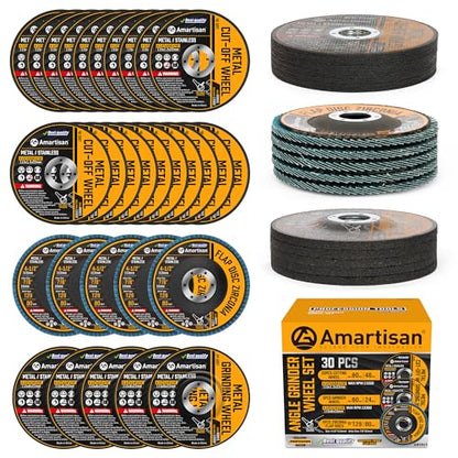 AMARTISAN 30-Pack Angle Grinder Wheels & Flap Discs 4-1/2" Inches - 20 Pack 4.5"x1/4"x7/8" Cut off Wheels, 5 Pack 4.5"x7/8" 80 Grit Flap Discs, 5 Pack 4.5"x3/64"x7/8" Grinding Wheels ﻿