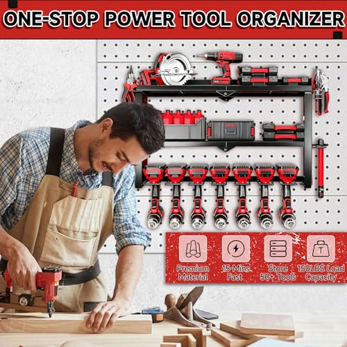 Power Tool Organizer Wall Mount, 150Lbs 3 Layer Metal Tool Storage Rack with 7 Cordless Drill Holder Heavy Duty, Battery Drills Storage Tool Organizer for Workshop,Garage,Tool Room,Pegboard - color: Without Charging Station, size: 3-Tiers,7 Slots