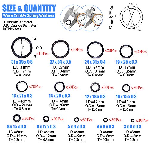 Glarks 320Pcs Carbon Steel Compression Type Wavy Wave Crinkle Spring Washers Assortment Kit