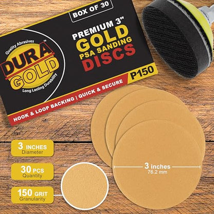 Dura-Gold Premium 3" Gold Hook & Loop Sanding Discs - 150 Grit (Box of 30) - size: 150-Grit