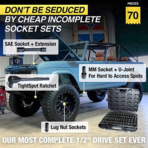 TIGHTSPOT 1/2" Drive 70pc Impact Socket MASTER SET with SAE & Metric from 5/16 Inch - 1-1/4 Inch, 8mm - 24mm, Standard/Deep Sockets with Extension Bars & Adapters & More - size: 1/2" Drive 70pc Impact Socket Set