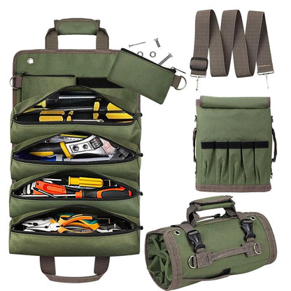 Heavy Duty Roll Up Tool Bag Organizer w/Detachable Pouches, Gifts for Men - color: Green
