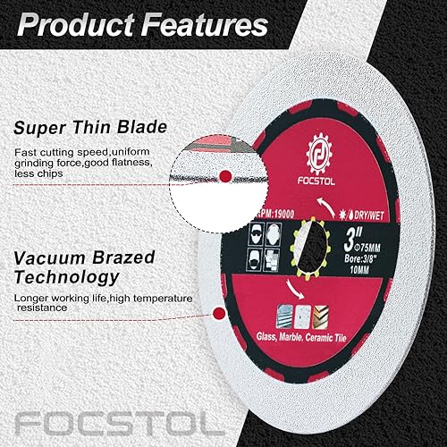 FOCSTOL Diamond Glass Cutting Disc - 3pcs 3''(75mm) Diamond Saw Blade for Glass Jade Crystal Wine Bottle for Mini Angle Grinder with 3/8'' Arbor - size: 3''(75mm)