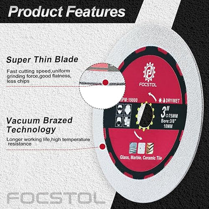 FOCSTOL Diamond Glass Cutting Disc - 3pcs 3''(75mm) Diamond Saw Blade for Glass Jade Crystal Wine Bottle for Mini Angle Grinder with 3/8'' Arbor - size: 3''(75mm)