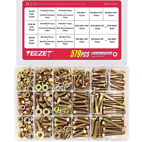 579PCS Grade 8 Heavy Duty Bolts and Nuts Washers Kit, 1/4-20 5/16-18 3/8-16 Hex Bolts Nuts Assortment Kit, Includes 15 Most Common Sizes - color: 1/4-20 5/16-18 3/8-16--Bolts and Nuts Kit (579PCS)