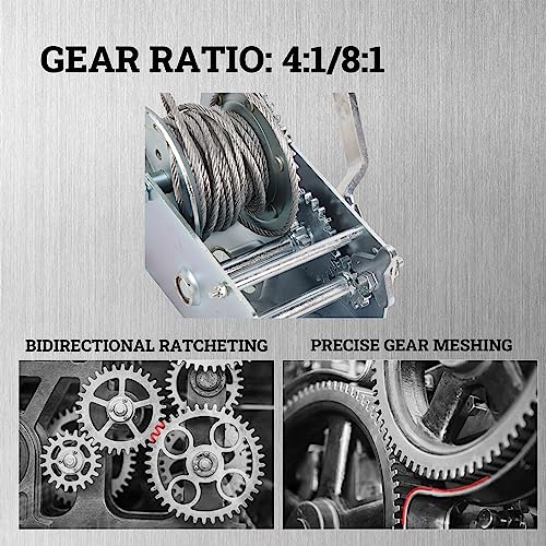 Hand Winch Boat Trailer Winch 2500lbs Heavy Duty Hook with 33ft Steel Cable, Two Way Ratchet Manual Operated Winch for Trailers ATV UTV Boat Marine - size: 2500lb with 33ft Steel Cable