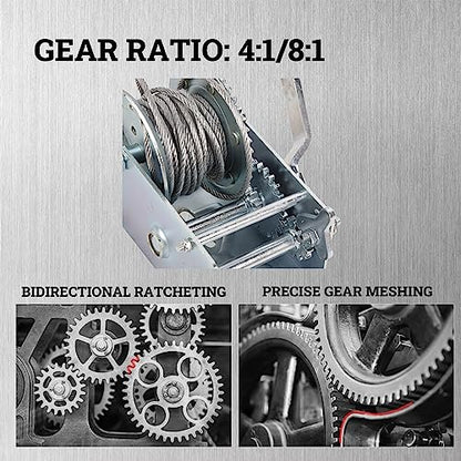 Hand Winch Boat Trailer Winch 2500lbs Heavy Duty Hook with 33ft Steel Cable, Two Way Ratchet Manual Operated Winch for Trailers ATV UTV Boat Marine - size: 2500lb with 33ft Steel Cable